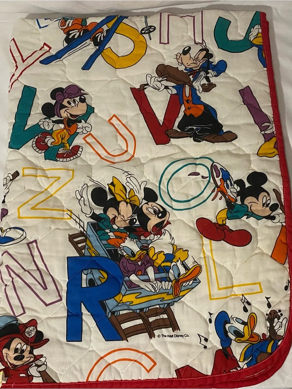Vintage Disney White Quilted Throw Blanket with Multicolor Character Print